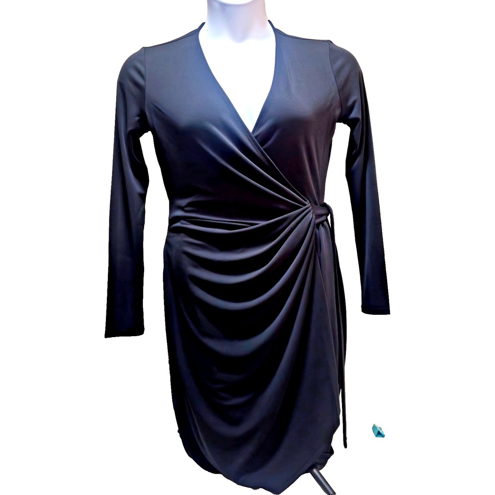 Black Wrap Dress Long Sleeve Matte Jersey Draped Business Casual 90's Minimalist